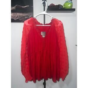 Red blouse sheer embroidered smocked waist Womens sz XL